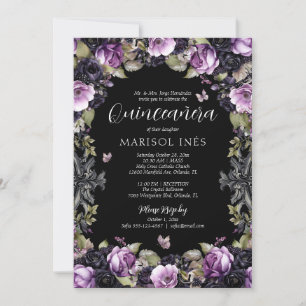 Gothic Lila & Black Moody Florals Quinceañera Einladung