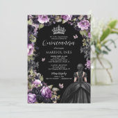 Gothic Lila & Black Moody Florals Quinceañera Einladung (Stehend Vorderseite)
