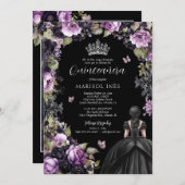 Gothic Lila & Black Moody Florals Quinceañera Einladung (Vorne/Hinten)