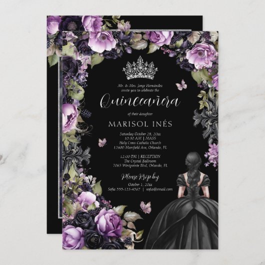 Gothic Lila & Black Moody Florals Quinceañera Einladung (Vorne/Hinten)
