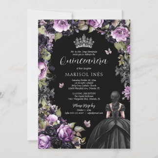 Gothic Lila & Black Moody Florals Quinceañera Einladung