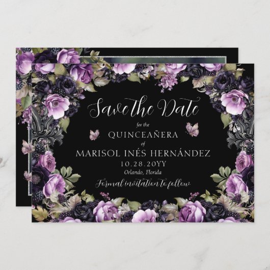 Gothic Lila & Black Moody Florals Quinceañera Save The Date (Vorne/Hinten)