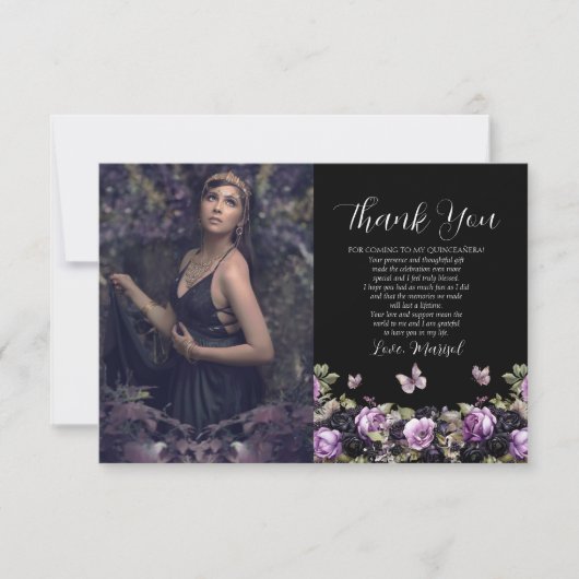 Gothic Lila & Black Moody Quinceañera Dankeskarte (Vorderseite)