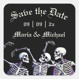 Gothic Lila Dancing Skelette Save the Date Quadratischer Aufkleber