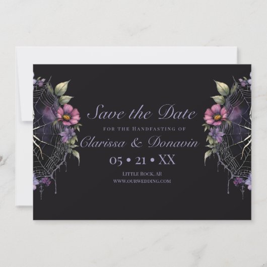 Gothic Lila Floral Spider Web Handfasting Save The Date (Vorderseite)