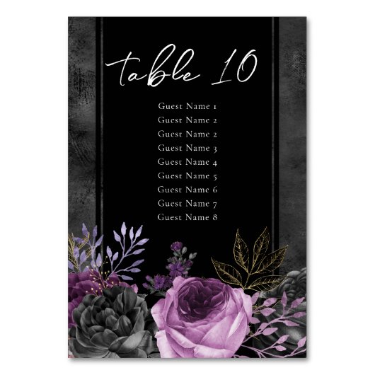 Gothic Lila Floral Wedding Tischnummer List (Vorderseite)