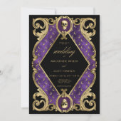 Gothic Lila & Gold Skull Rahmen zweiseitig Einladung (Vorderseite)
