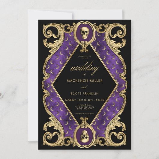 Gothic Lila & Gold Skull Rahmen zweiseitig Einladung (Vorderseite)