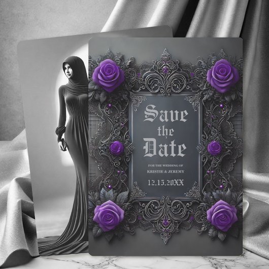 Gothic Lila Gray Floral Foto Save the Date
