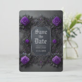 Gothic Lila Grey Floral Wedding Save the Date (Stehend Vorderseite)