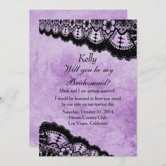 Gothic Lila Grunge Black Lace Wedding Bridesmaid Einladung (Vorne/Hinten)