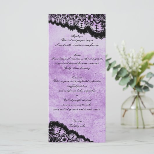 Gothic Lila Grunge Black Lace Wedding Menu Menükarte (Stehend Vorderseite)