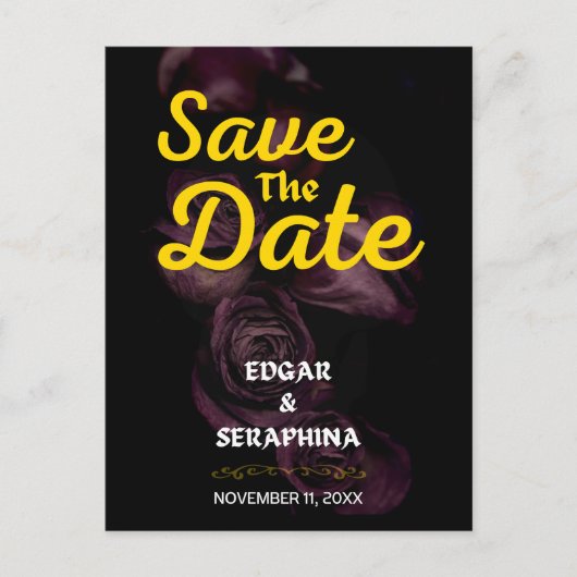 Gothic Lila Rose Schwarz und Gold Save the Date Postkarte (Vorderseite)