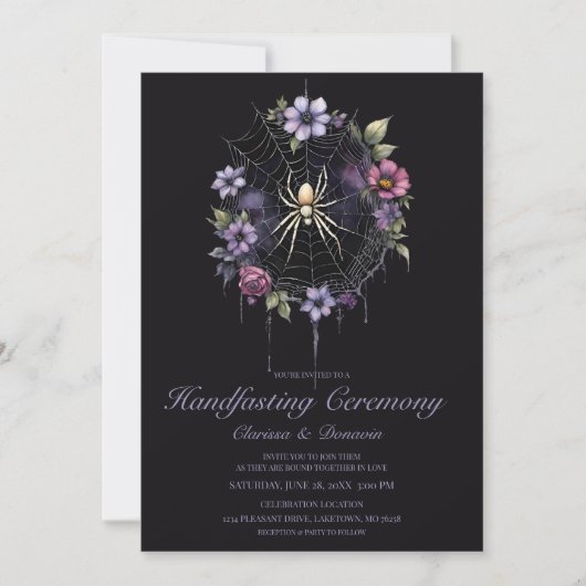 Gothic Lila Spinne Blumennetz Handfasting Einladung (Vorderseite)