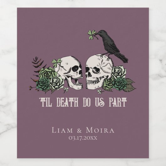 Gothic Lila Til Death Irish Green Floral Skull Weinetikett (Einzelnes Label)