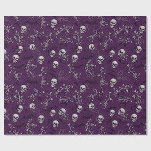 Gothic-Lila-Totenkopf-Fledermäuse-Botanik-Muster Geschenkpapier