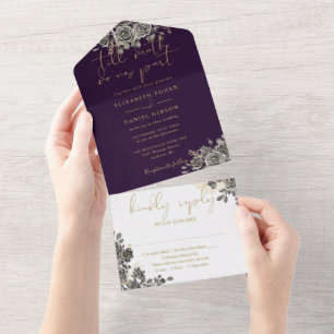 Gothic Lila und Goldene Rosen Florale Hochzeit All In One Einladung
