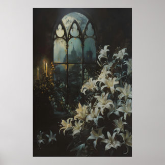 Gothic Lilies Flowers Candlelight Castle Art, Dark Poster