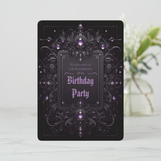 Gothic Lux Lila und Black Birthday Einladung (Stehend Vorderseite)