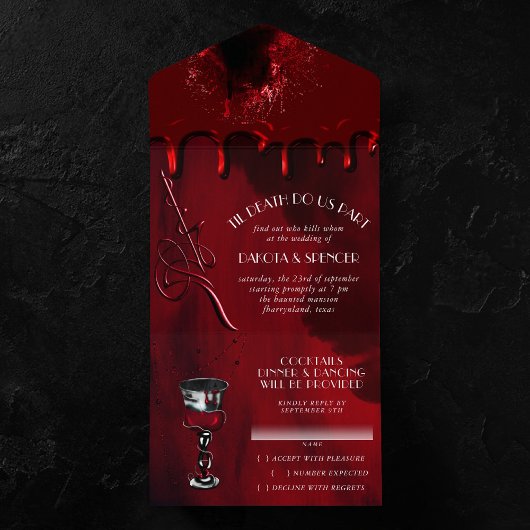 Gothic Luxe | Black and Red Murder Mystery Wedding All In One Einladung
