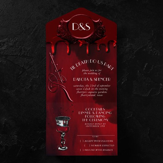 Gothic Luxe | Hochzeit von Tropfen mit schwarzem u All In One Einladung