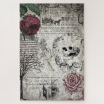 Gothic Macabre Viktorianisch Skull & Death Ephemer Puzzle<br><div class="desc">Spooky klassisch gotische Viktorianische Sterbensymbole mit dunklen rote Rosen,  Vintager Begräbungskunst,  eingegrabtem Schädel und Skelett,  verzierten Schriftrollen,  kargen Bäumen,  beleuchteter lateinischer Schrift und Seite von gruselig Viktorianischen Spuk Hausgeschichten auf grungelöstem sepia Hintergrund.</div>