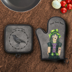 Gothic Mädchen Schwarze Krähe Kreis Stacheldraht G Ofenhandschuh & Topflappen-Set