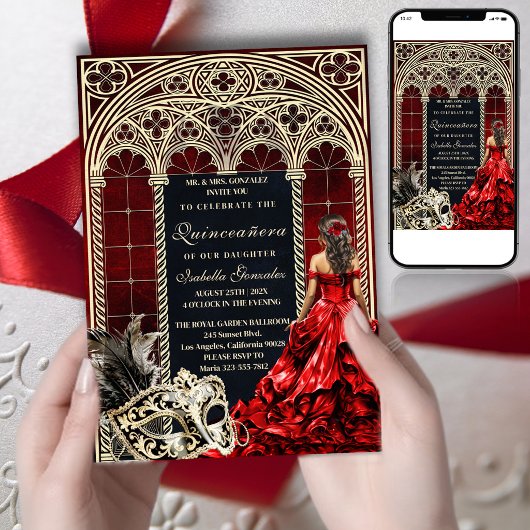 Gothic Masquerade Quinceañera Red Gold Einladung