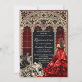 Gothic Masquerade Quinceañera Red Gold Einladung (Vorderseite)