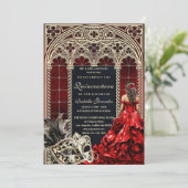 Gothic Masquerade Quinceañera Red Gold Einladung (Stehend Vorderseite)