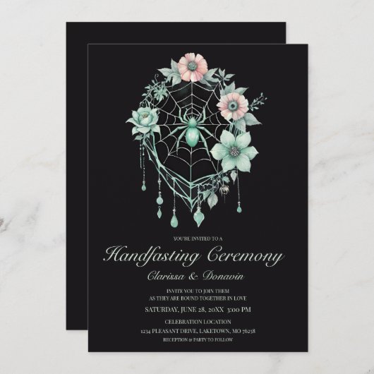Gothic Mint Green Spider Floral Web Handfasting Einladung (Vorne/Hinten)