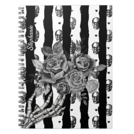 Gothic monochrome gestreifte Totenköpfe und Rosen Notizblock