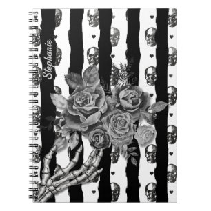 Gothic monochrome gestreifte Totenköpfe und Rosen Notizblock