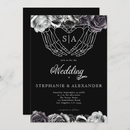 Gothic Monogram Rose Skeleton Hände Hochzeiten Einladung (Vorne/Hinten)