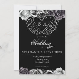 Gothic Monogram Rose Skeleton Hände Hochzeiten Einladung