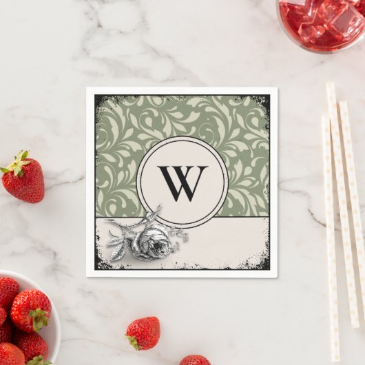 Gothic Monogram Salbeigrün Damastrose Serviette (Beispiel)