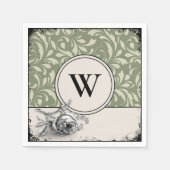 Gothic Monogram Salbeigrün Damastrose Serviette (Vorderseite)