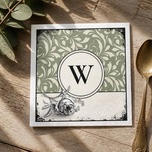 Gothic Monogram Salbeigrün Damastrose Serviette
