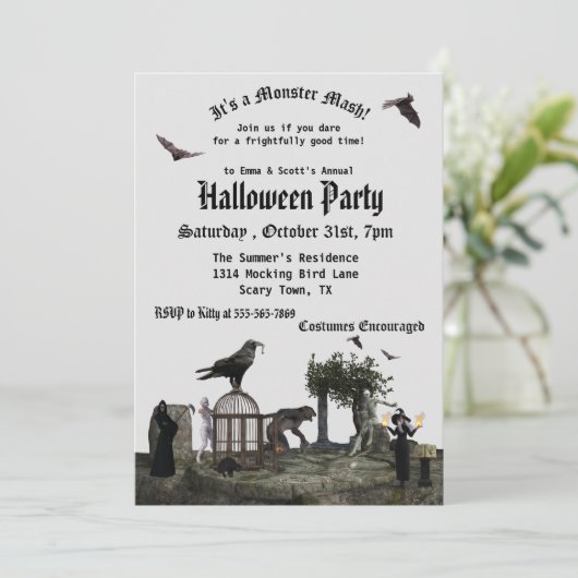 Gothic Monster Mash Halloween Hexe Werwolf Mummy Einladung (Stehend Vorderseite)
