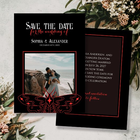 Gothic Moody Black and Red Wedding Foto Save The Date