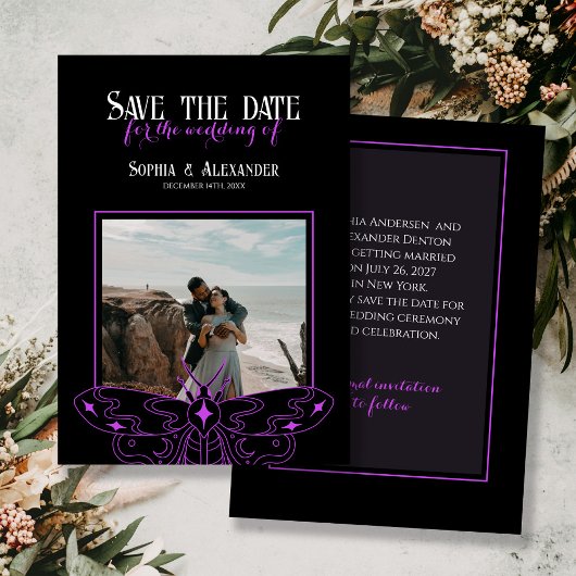 Gothic Moody Black und Lila Hochzeitssemble Foto Save The Date