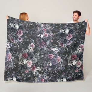 Gothic Moody Blume Skulls und Crows Fleecedecke