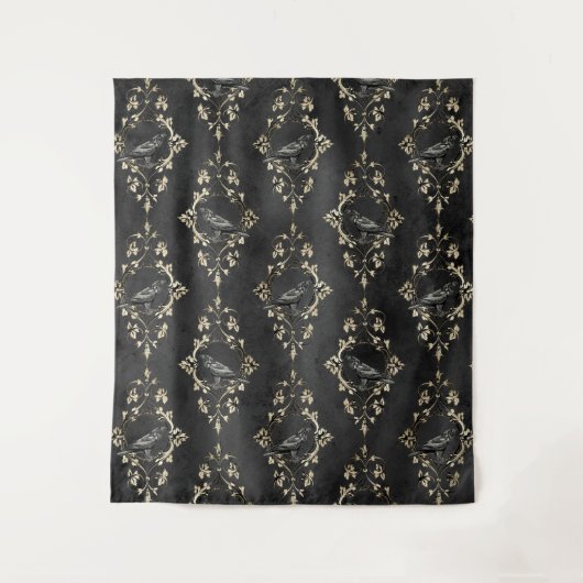 Gothic Moody Damask Black & Gold Raven Tapestry Wandteppich (Vorderseite)