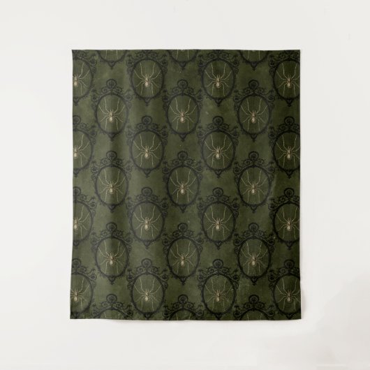 Gothic Moody Damask Green & Black Spider Tapestory Wandteppich (Vorderseite)