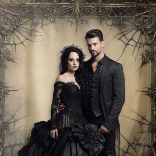 Gothic Moody Dark Black & Old Ivory Filigree Vines Wandteppich