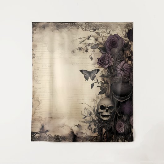 Gothic Moody Lila & Black Skull & Moth Wandteppich (Vorderseite)