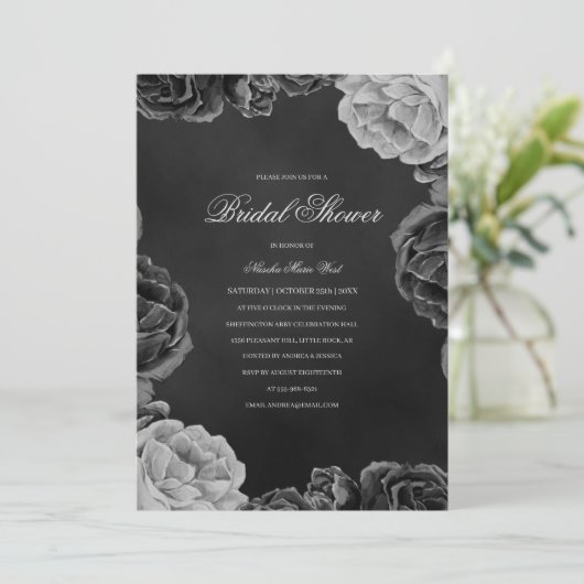 Gothic Moody Monochrome Grau Floral Brautparty Einladung (Stehend Vorderseite)