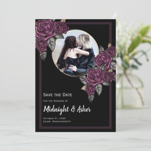 Gothic Moody Rose Circle Foto Save the Date Card (Stehend Vorderseite)