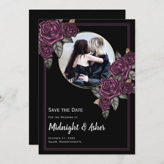Gothic Moody Rose Circle Foto Save the Date Card (Vorne/Hinten)