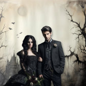 Gothic Moody Scenes Castle & Bats Cream & Black Wandteppich